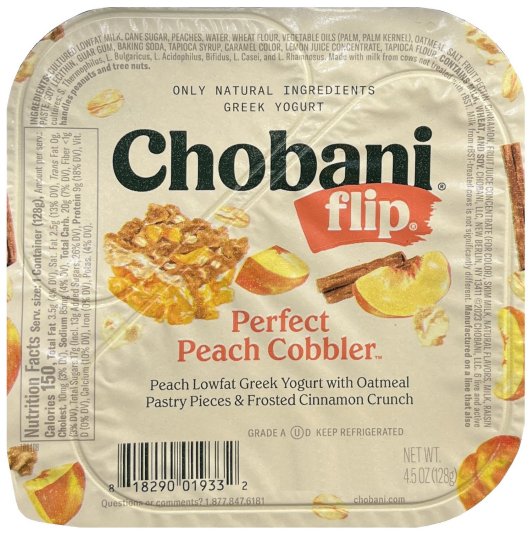 CHOBANI FLIP PERFECT PEACH COBBLER LOWFAT GREEK YOGURT (image for) CHOBANI FLIP PERFECT PEACH COBBLER LOWFAT GREEK YOGURT