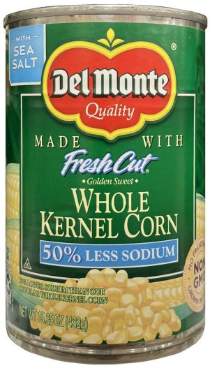 DEL MONTE WHOLE KERNEL CORN 50% LESS SODIUM (image for) DEL MONTE WHOLE KERNEL CORN 50% LESS SODIUM