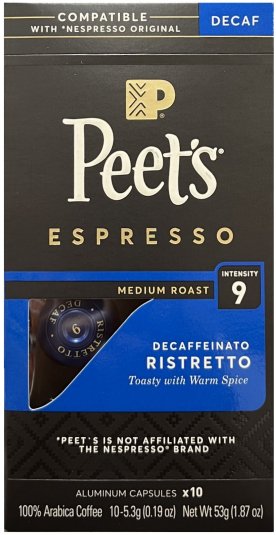 PEET'S ESPRESSO DECAFFEINATO RISTRETTO COFFEE MEDIUM ROAST INTENSITY 9 CAPSULES (image for) PEET'S ESPRESSO DECAFFEINATO RISTRETTO COFFEE MEDIUM ROAST INTENSITY 9 CAPSULES