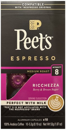 PEET'S ESPRESSO RICCHEZZA COFFEE MEDIUM ROAST INTENSITY 8 CAPSULES (image for) PEET'S ESPRESSO RICCHEZZA COFFEE MEDIUM ROAST INTENSITY 8 CAPSULES