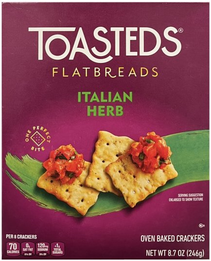 TOASTEDS FLATBREADS ITALIAN HERB OVEN BAKED CRACKERS (image for) TOASTEDS FLATBREADS ITALIAN HERB OVEN BAKED CRACKERS