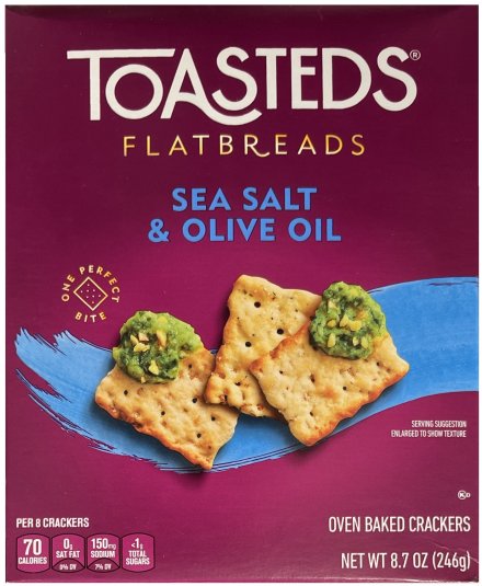 TOASTEDS FLATBREADS SEA SALT & OLIVE OIL OVEN BAKED CRACKERS (image for) TOASTEDS FLATBREADS SEA SALT & OLIVE OIL OVEN BAKED CRACKERS